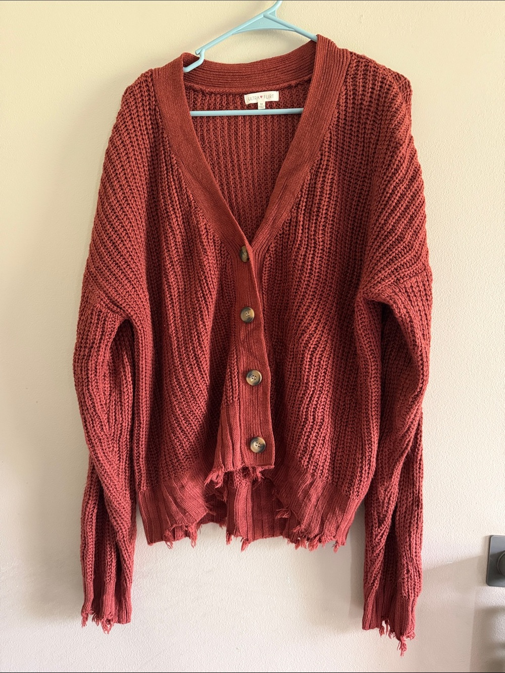 Ultra Flirt Rust Button-Front Distressed Knit Cardigan